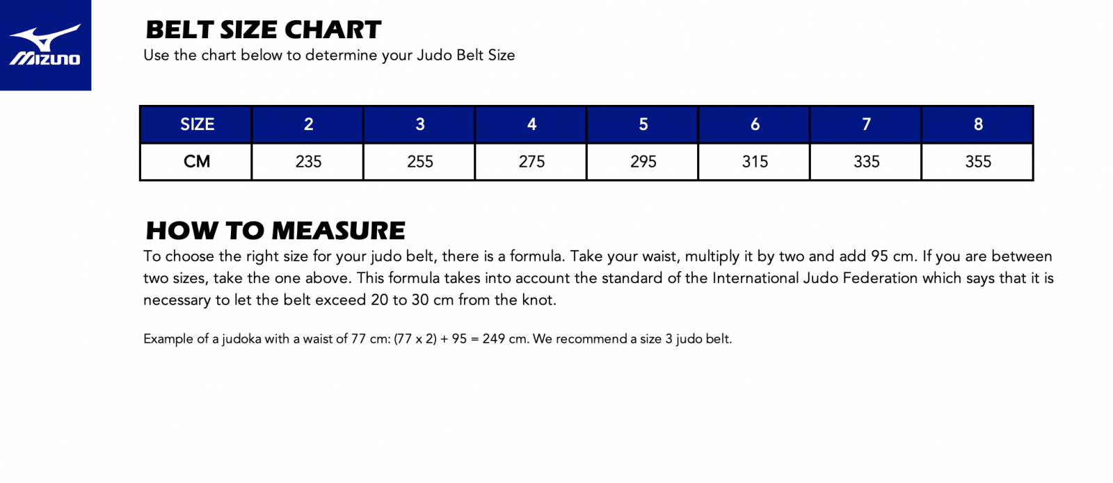 Mizuno Judo Belt Size Chart